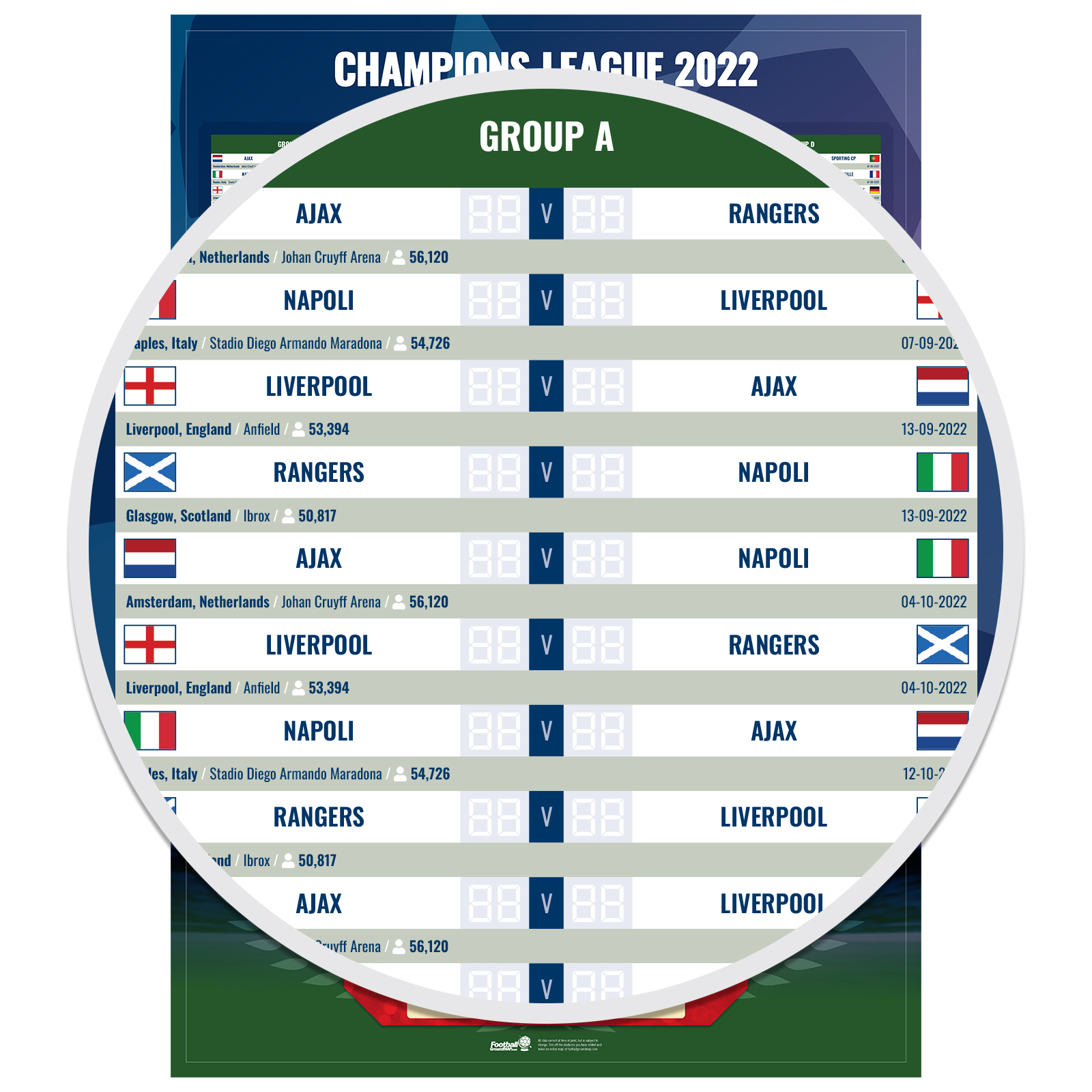 Champions League A1 Wall Chart - 2022/2023 Season - Football Ground Map