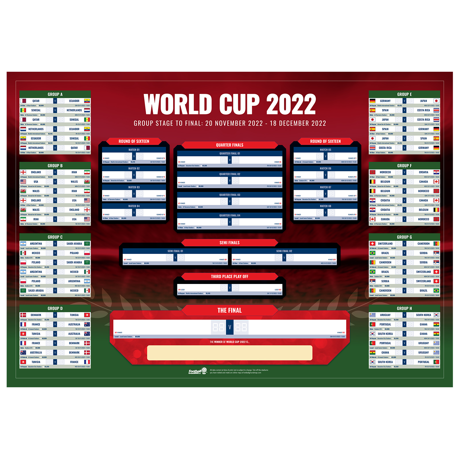 FIFA World Cup Qatar 2022 A2 Wall Chart (folded) Football Ground Map