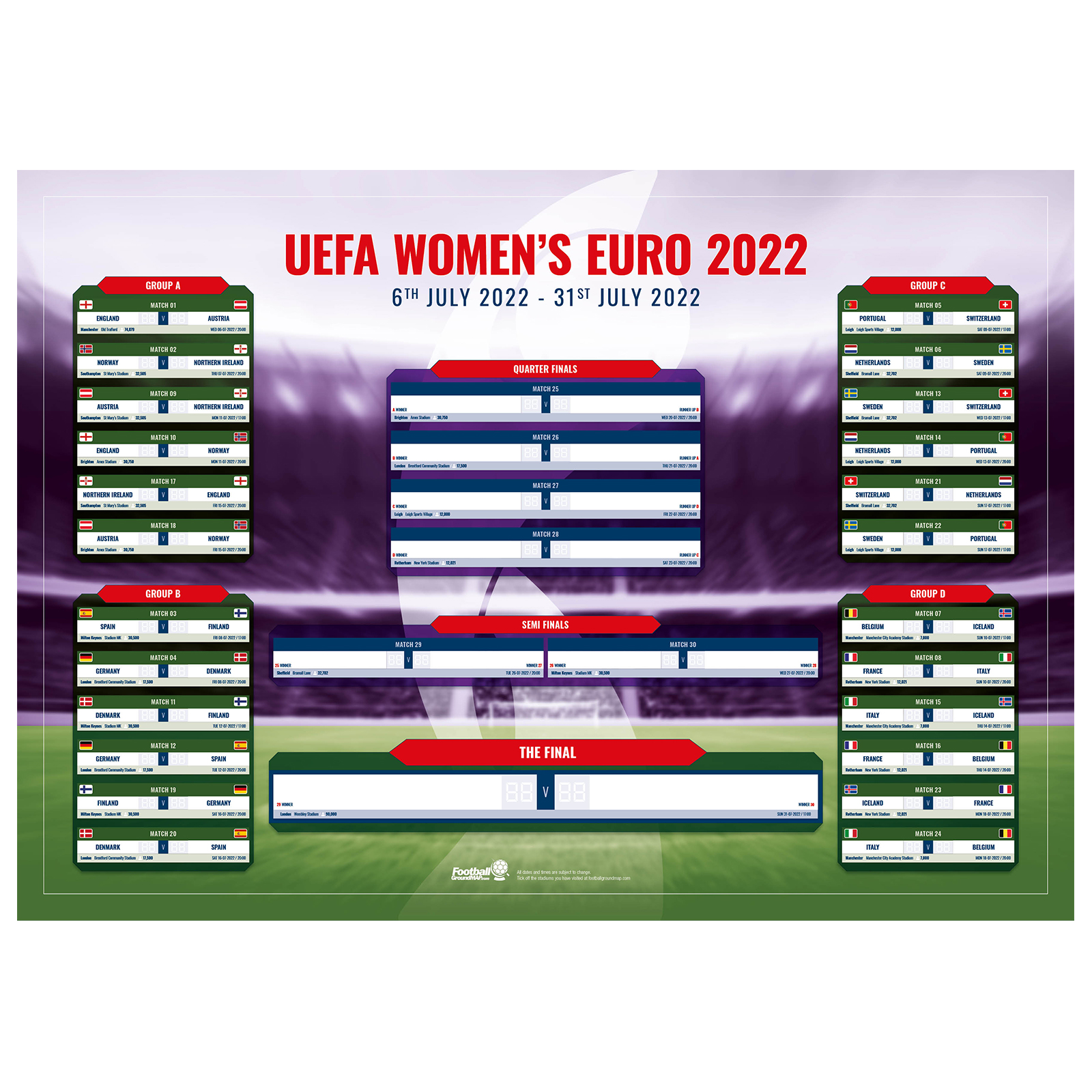 Women's Euro 2022 Tournament Wall Chart Football Ground Map